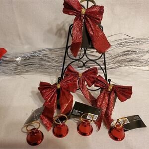 Set of 8 - Christmas Holiday Red glitter bow napkin rings & name tag holder